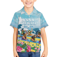 Hawaii Outrigger Canoe Race Family Matching Off The Shoulder Long Sleeve Dress and Hawaiian Shirt Polynesian Style Watercolor Style LT05 Son's Shirt Blue - Polynesian Pride