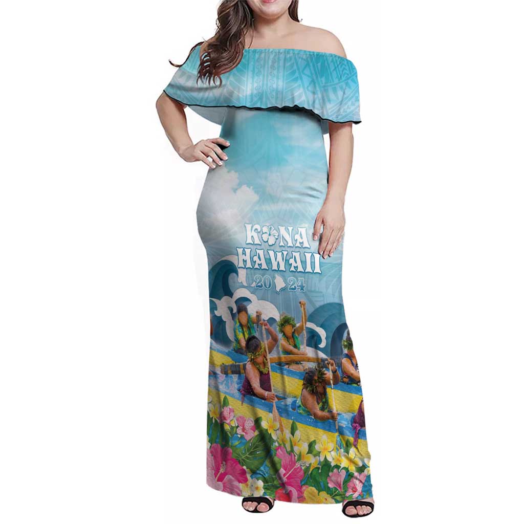Hawaii Outrigger Canoe Race Family Matching Off Shoulder Maxi Dress and Hawaiian Shirt Polynesian Style Watercolor Style LT05 Mom's Dress Blue - Polynesian Pride