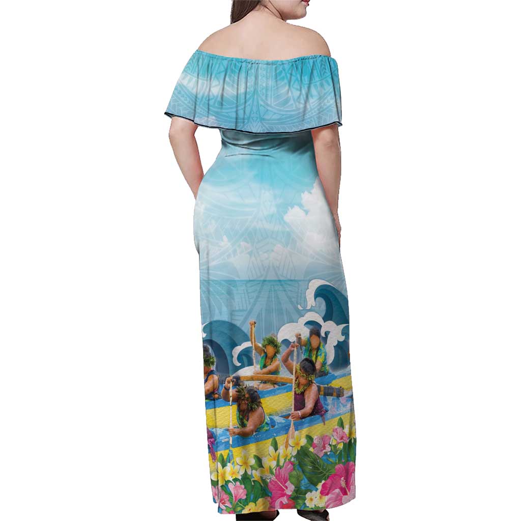 Hawaii Outrigger Canoe Race Family Matching Off Shoulder Maxi Dress and Hawaiian Shirt Polynesian Style Watercolor Style LT05 - Polynesian Pride