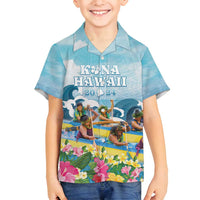 Hawaii Outrigger Canoe Race Family Matching Off Shoulder Maxi Dress and Hawaiian Shirt Polynesian Style Watercolor Style LT05 Son's Shirt Blue - Polynesian Pride