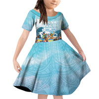 Hawaii Outrigger Canoe Race Family Matching Off Shoulder Short Dress and Hawaiian Shirt Polynesian Style Watercolor Style LT05 Daughter's Dress Blue - Polynesian Pride