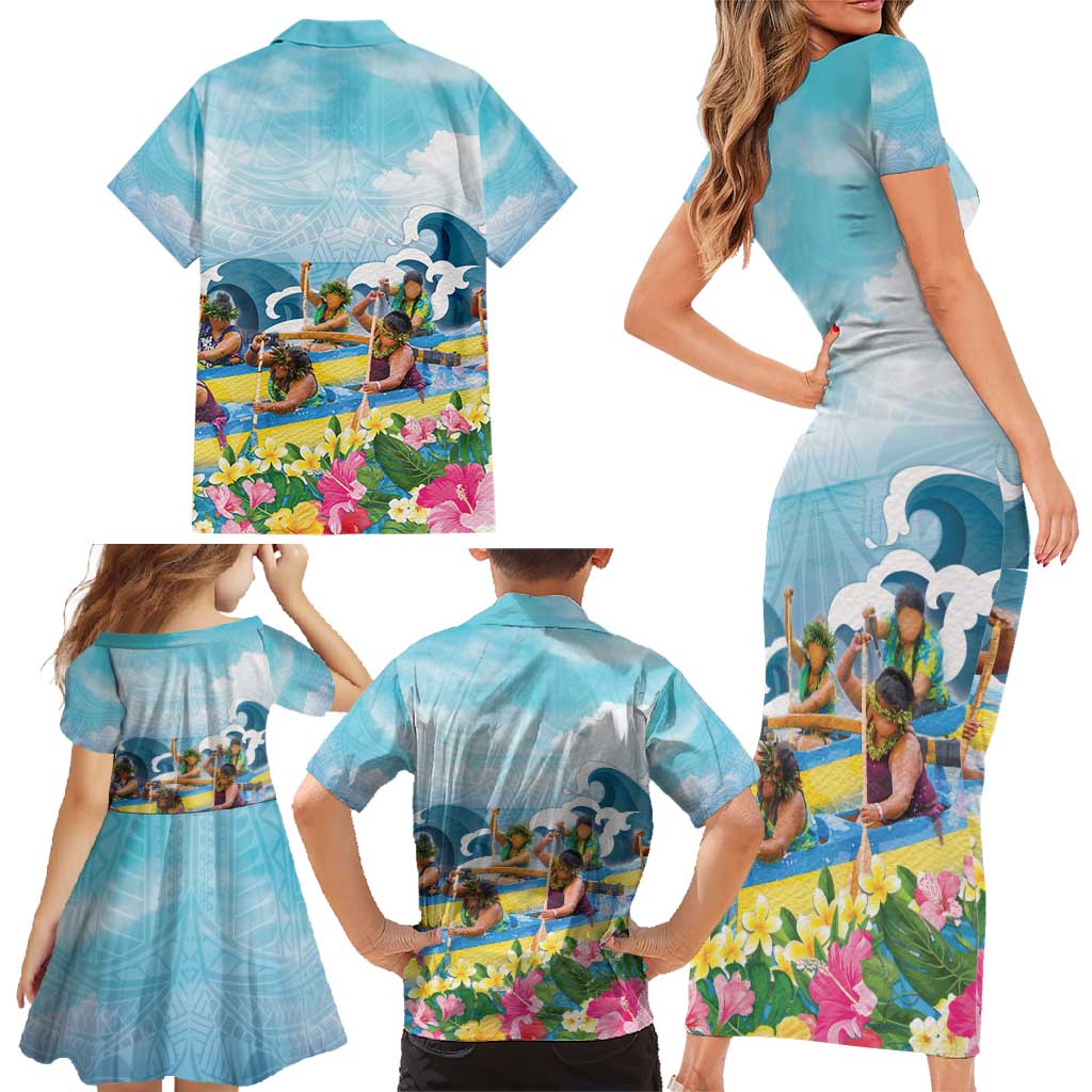 Hawaii Outrigger Canoe Race Family Matching Short Sleeve Bodycon Dress and Hawaiian Shirt Polynesian Style Watercolor Style LT05 - Polynesian Pride