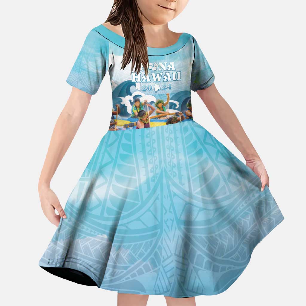 Hawaii Outrigger Canoe Race Family Matching Tank Maxi Dress and Hawaiian Shirt Polynesian Style Watercolor Style LT05 Daughter's Dress Blue - Polynesian Pride