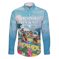 Hawaii Outrigger Canoe Race Family Matching Tank Maxi Dress and Hawaiian Shirt Polynesian Style Watercolor Style LT05 Dad's Shirt - Long Sleeve Blue - Polynesian Pride
