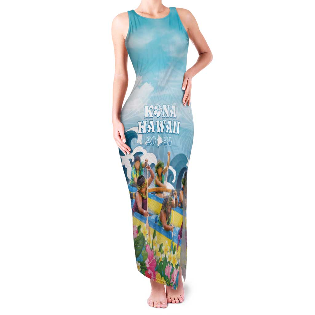 Hawaii Outrigger Canoe Race Family Matching Tank Maxi Dress and Hawaiian Shirt Polynesian Style Watercolor Style LT05 Mom's Dress Blue - Polynesian Pride