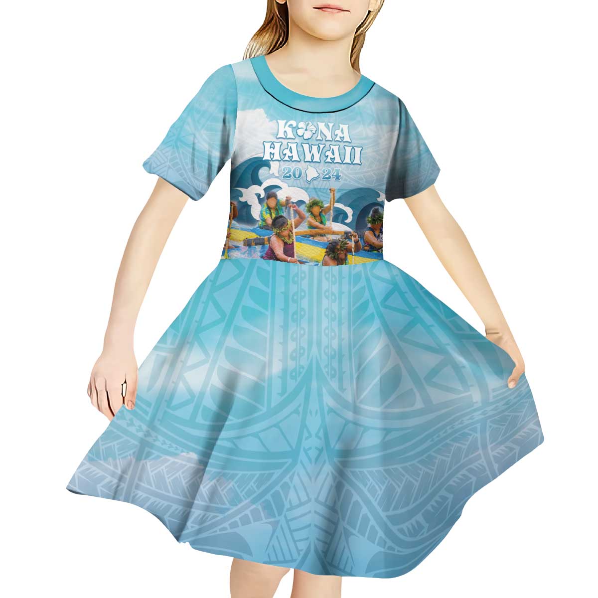 Hawaii Outrigger Canoe Race Kid Short Sleeve Dress Polynesian Style Watercolor Style LT05 - Polynesian Pride