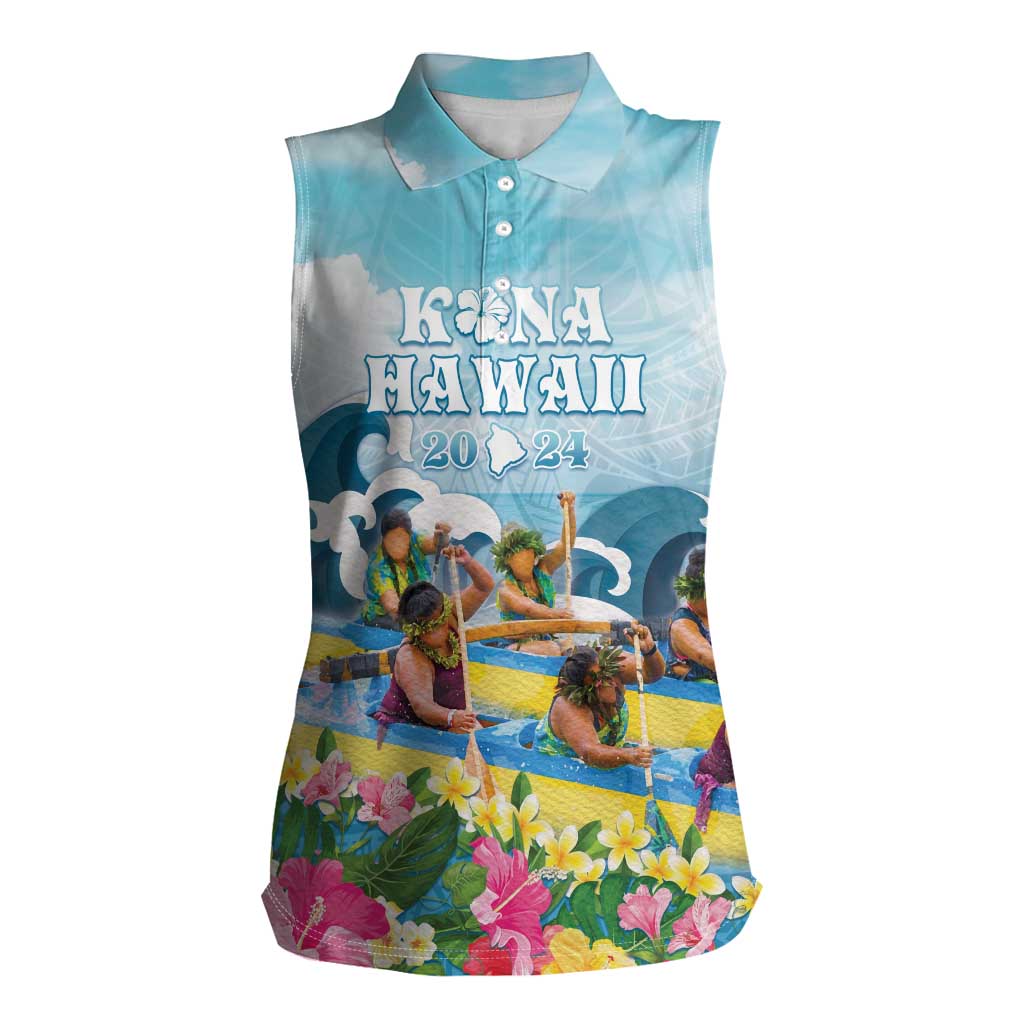 Hawaii Outrigger Canoe Race Women Sleeveless Polo Shirt Polynesian Style Watercolor Style