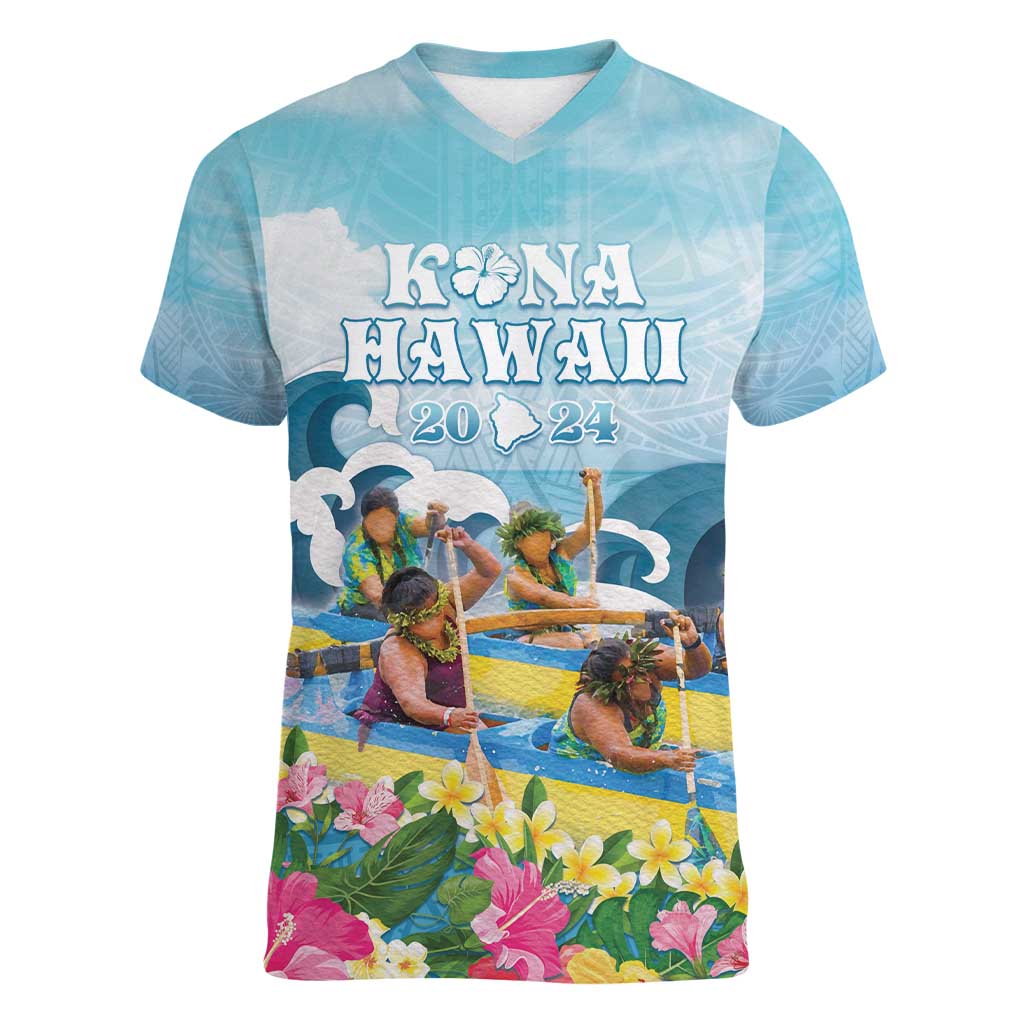 Hawaii Outrigger Canoe Race Women V-Neck T-Shirt Polynesian Style Watercolor Style