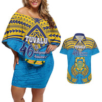 Personalised Tuvalu Independence Day Couples Matching Off Shoulder Short Dress and Hawaiian Shirt Coat Of Arms With Polynesian Dolphin Tattoo LT05 Blue - Polynesian Pride