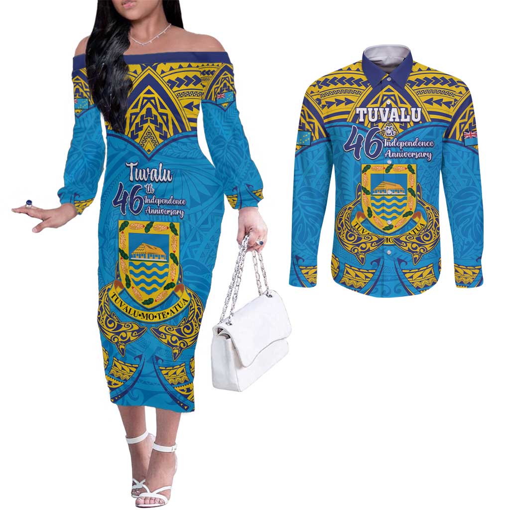 Personalised Tuvalu Independence Day Couples Matching Off The Shoulder Long Sleeve Dress and Long Sleeve Button Shirt Coat Of Arms With Polynesian Dolphin Tattoo LT05 Blue - Polynesian Pride