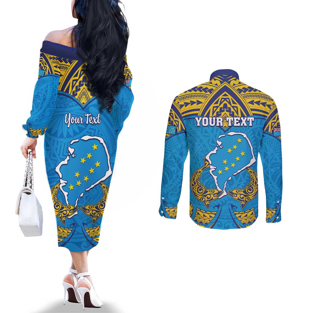 Personalised Tuvalu Independence Day Couples Matching Off The Shoulder Long Sleeve Dress and Long Sleeve Button Shirt Coat Of Arms With Polynesian Dolphin Tattoo LT05 - Polynesian Pride