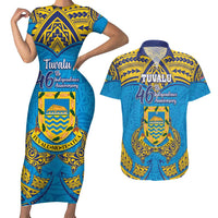 Personalised Tuvalu Independence Day Couples Matching Short Sleeve Bodycon Dress and Hawaiian Shirt Coat Of Arms With Polynesian Dolphin Tattoo LT05 Blue - Polynesian Pride