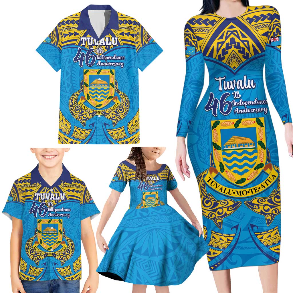 Personalised Tuvalu Independence Day Family Matching Long Sleeve Bodycon Dress and Hawaiian Shirt Coat Of Arms With Polynesian Dolphin Tattoo LT05 - Polynesian Pride