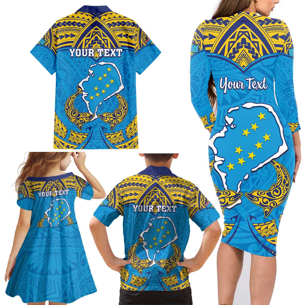 Personalised Tuvalu Independence Day Family Matching Long Sleeve Bodycon Dress and Hawaiian Shirt Coat Of Arms With Polynesian Dolphin Tattoo LT05 - Polynesian Pride