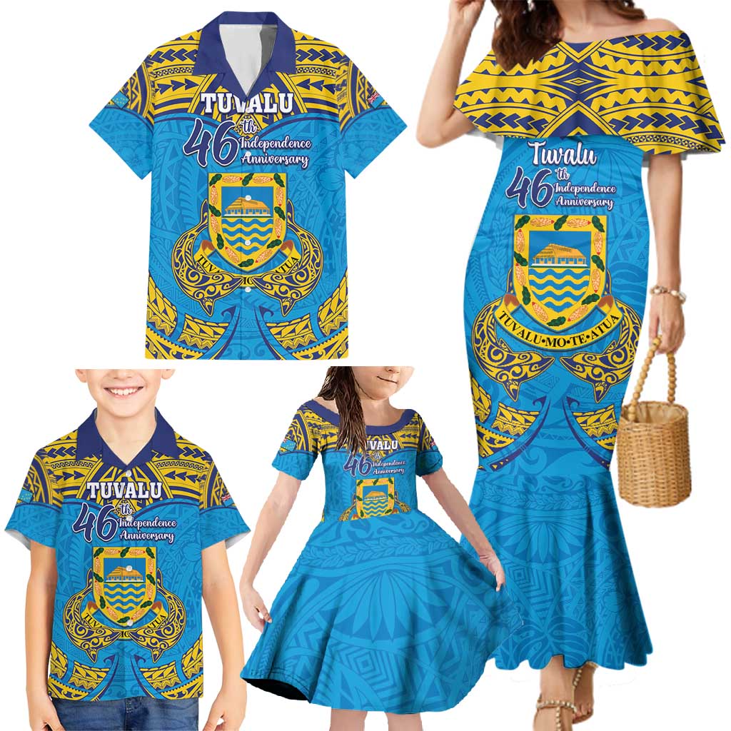 Personalised Tuvalu Independence Day Family Matching Mermaid Dress and Hawaiian Shirt Coat Of Arms With Polynesian Dolphin Tattoo LT05 - Polynesian Pride