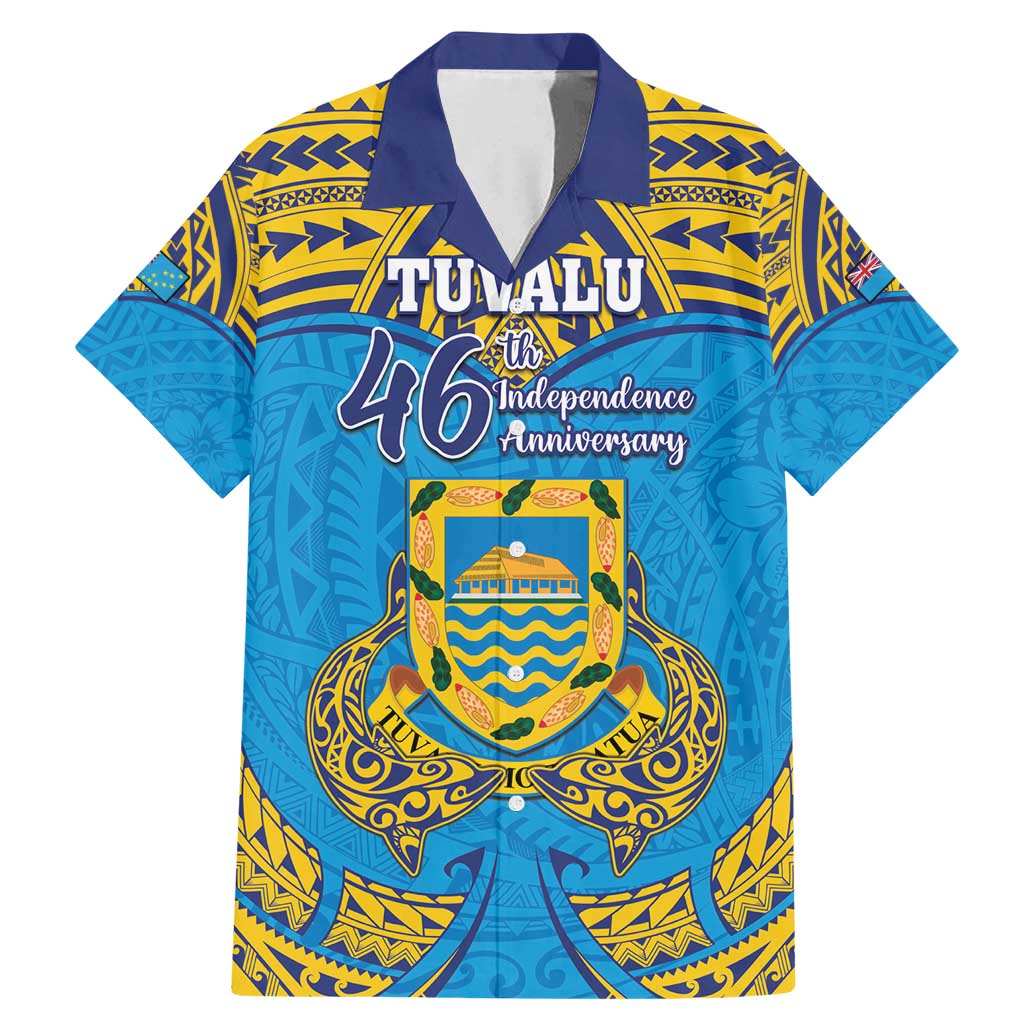 Personalised Tuvalu Independence Day Family Matching Mermaid Dress and Hawaiian Shirt Coat Of Arms With Polynesian Dolphin Tattoo LT05 Dad's Shirt - Short Sleeve Blue - Polynesian Pride