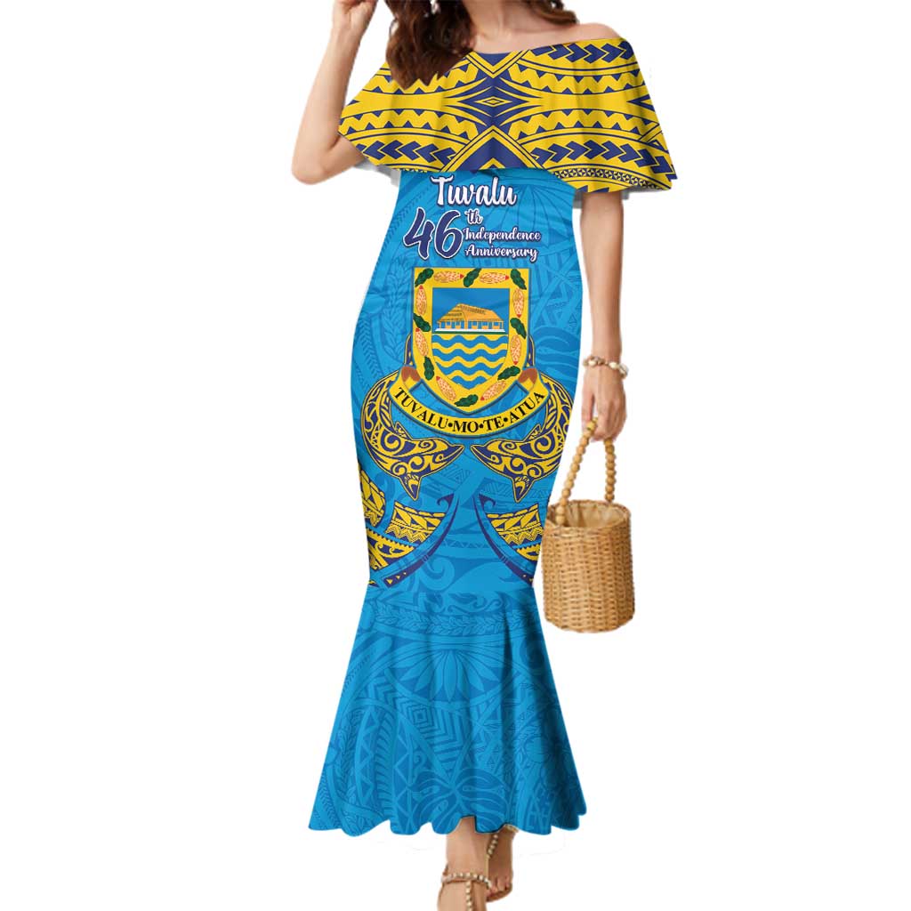 Personalised Tuvalu Independence Day Family Matching Mermaid Dress and Hawaiian Shirt Coat Of Arms With Polynesian Dolphin Tattoo LT05 Mom's Dress Blue - Polynesian Pride