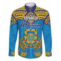 Personalised Tuvalu Independence Day Family Matching Off The Shoulder Long Sleeve Dress and Hawaiian Shirt Coat Of Arms With Polynesian Dolphin Tattoo LT05 Dad's Shirt - Long Sleeve Blue - Polynesian Pride