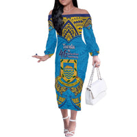 Personalised Tuvalu Independence Day Family Matching Off The Shoulder Long Sleeve Dress and Hawaiian Shirt Coat Of Arms With Polynesian Dolphin Tattoo LT05 Mom's Dress Blue - Polynesian Pride