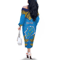 Personalised Tuvalu Independence Day Family Matching Off The Shoulder Long Sleeve Dress and Hawaiian Shirt Coat Of Arms With Polynesian Dolphin Tattoo LT05 - Polynesian Pride