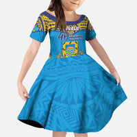 Personalised Tuvalu Independence Day Family Matching Off Shoulder Maxi Dress and Hawaiian Shirt Coat Of Arms With Polynesian Dolphin Tattoo LT05 Daughter's Dress Blue - Polynesian Pride