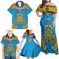 Personalised Tuvalu Independence Day Family Matching Off Shoulder Maxi Dress and Hawaiian Shirt Coat Of Arms With Polynesian Dolphin Tattoo LT05 - Polynesian Pride
