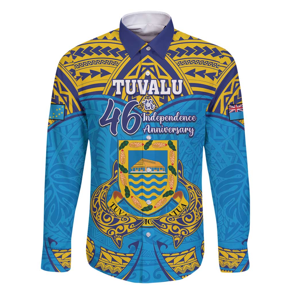 Personalised Tuvalu Independence Day Family Matching Off Shoulder Maxi Dress and Hawaiian Shirt Coat Of Arms With Polynesian Dolphin Tattoo LT05 Dad's Shirt - Long Sleeve Blue - Polynesian Pride
