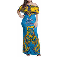 Personalised Tuvalu Independence Day Family Matching Off Shoulder Maxi Dress and Hawaiian Shirt Coat Of Arms With Polynesian Dolphin Tattoo LT05 Mom's Dress Blue - Polynesian Pride
