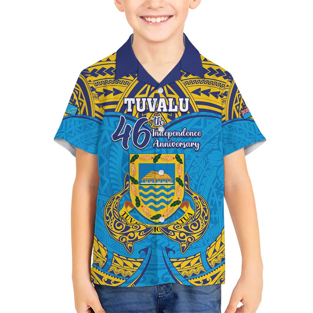 Personalised Tuvalu Independence Day Family Matching Off Shoulder Maxi Dress and Hawaiian Shirt Coat Of Arms With Polynesian Dolphin Tattoo LT05 Son's Shirt Blue - Polynesian Pride