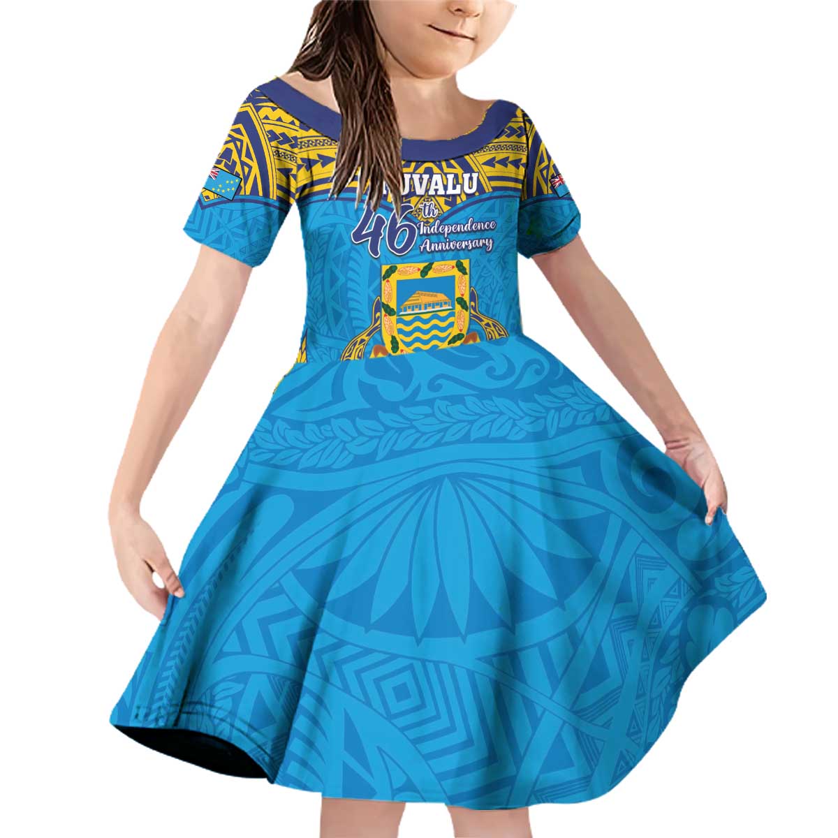 Personalised Tuvalu Independence Day Family Matching Off Shoulder Short Dress and Hawaiian Shirt Coat Of Arms With Polynesian Dolphin Tattoo LT05 Daughter's Dress Blue - Polynesian Pride