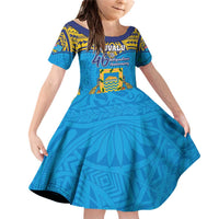 Personalised Tuvalu Independence Day Family Matching Off Shoulder Short Dress and Hawaiian Shirt Coat Of Arms With Polynesian Dolphin Tattoo LT05 Daughter's Dress Blue - Polynesian Pride