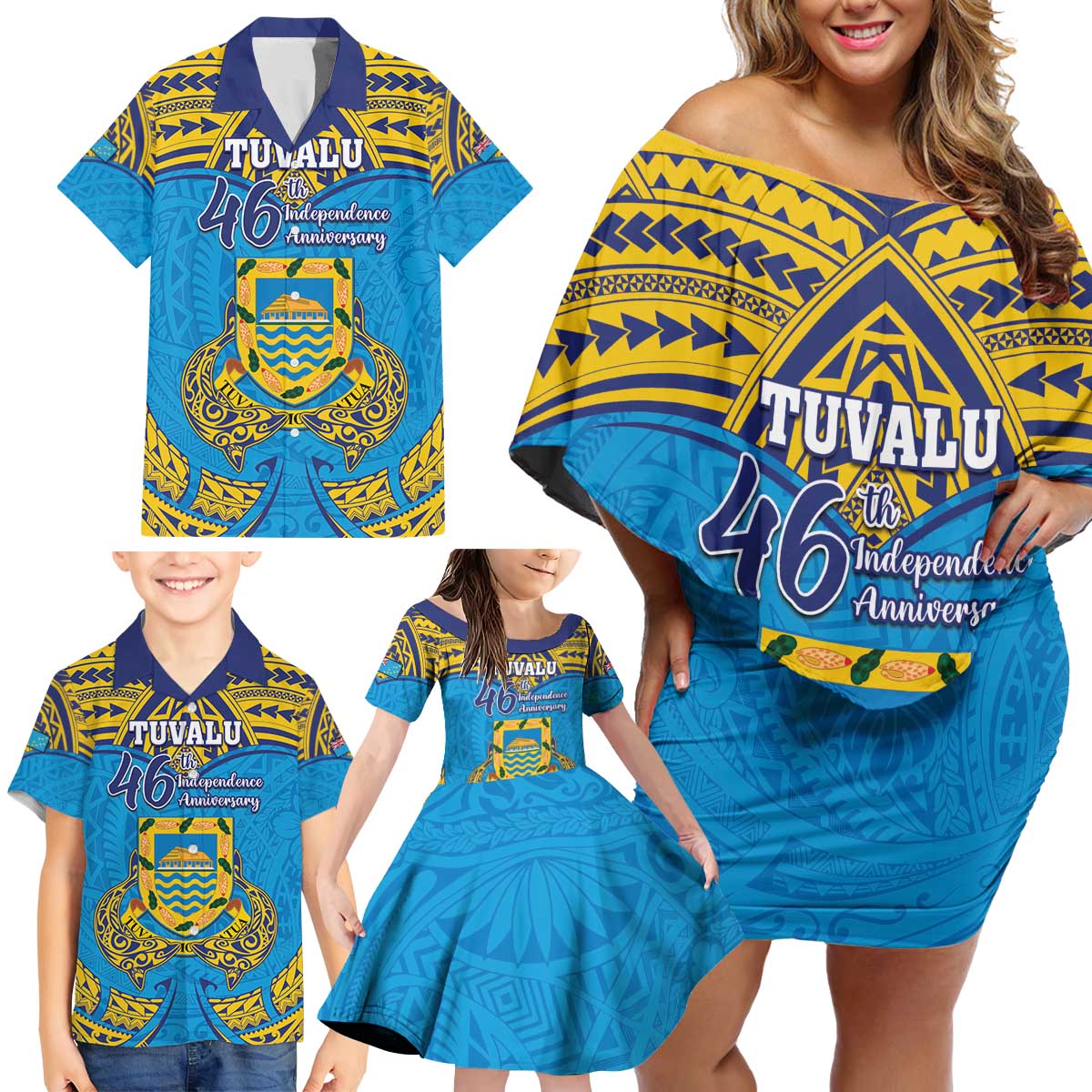 Personalised Tuvalu Independence Day Family Matching Off Shoulder Short Dress and Hawaiian Shirt Coat Of Arms With Polynesian Dolphin Tattoo LT05 - Polynesian Pride