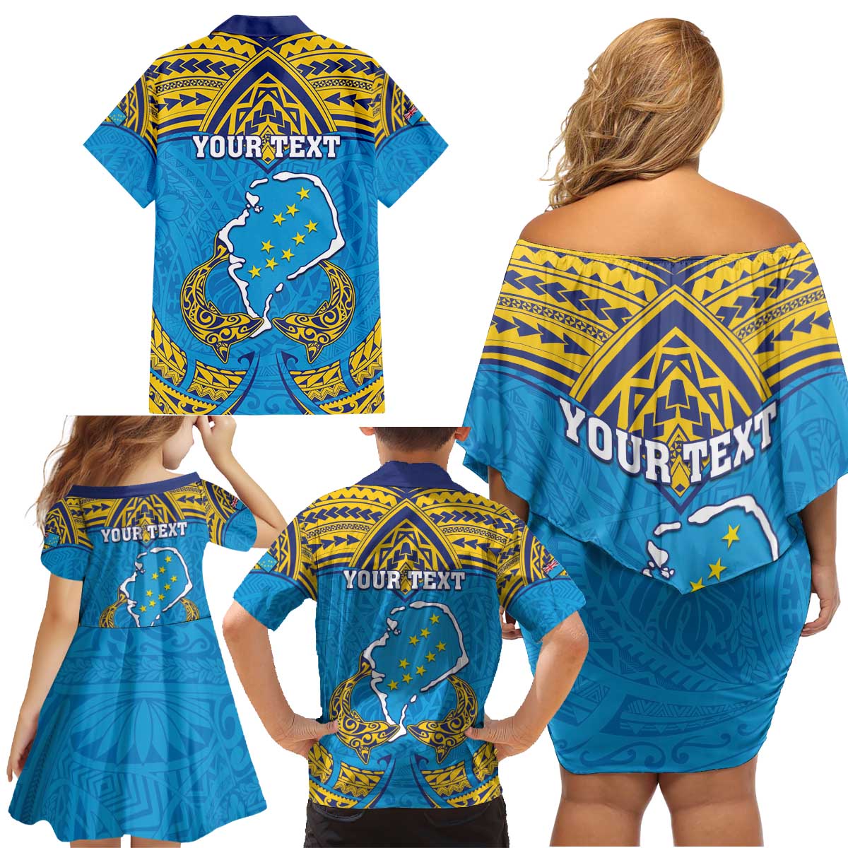 Personalised Tuvalu Independence Day Family Matching Off Shoulder Short Dress and Hawaiian Shirt Coat Of Arms With Polynesian Dolphin Tattoo LT05 - Polynesian Pride