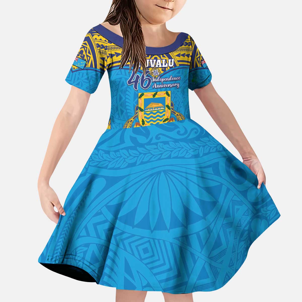 Personalised Tuvalu Independence Day Family Matching Puletasi and Hawaiian Shirt Coat Of Arms With Polynesian Dolphin Tattoo LT05 Daughter's Dress Blue - Polynesian Pride