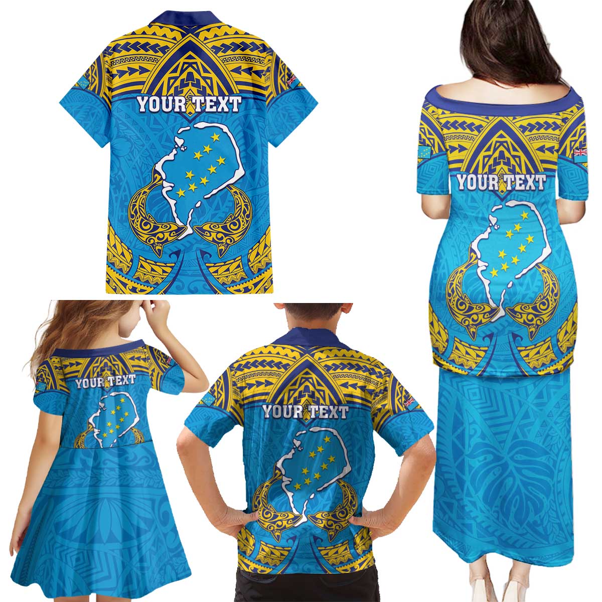 Personalised Tuvalu Independence Day Family Matching Puletasi and Hawaiian Shirt Coat Of Arms With Polynesian Dolphin Tattoo LT05 - Polynesian Pride