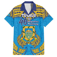 Personalised Tuvalu Independence Day Family Matching Puletasi and Hawaiian Shirt Coat Of Arms With Polynesian Dolphin Tattoo LT05 Dad's Shirt - Short Sleeve Blue - Polynesian Pride