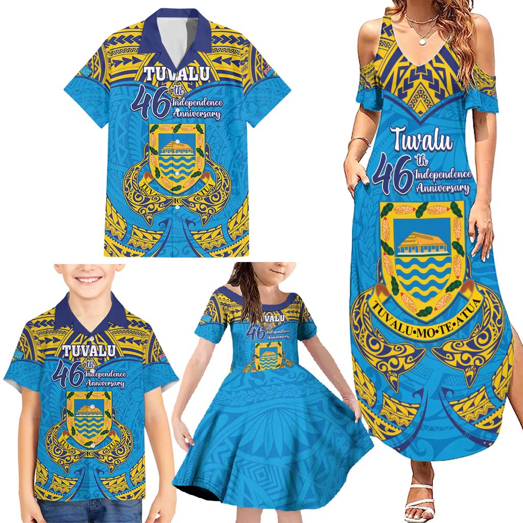 Personalised Tuvalu Independence Day Family Matching Summer Maxi Dress and Hawaiian Shirt Coat Of Arms With Polynesian Dolphin Tattoo LT05 - Polynesian Pride