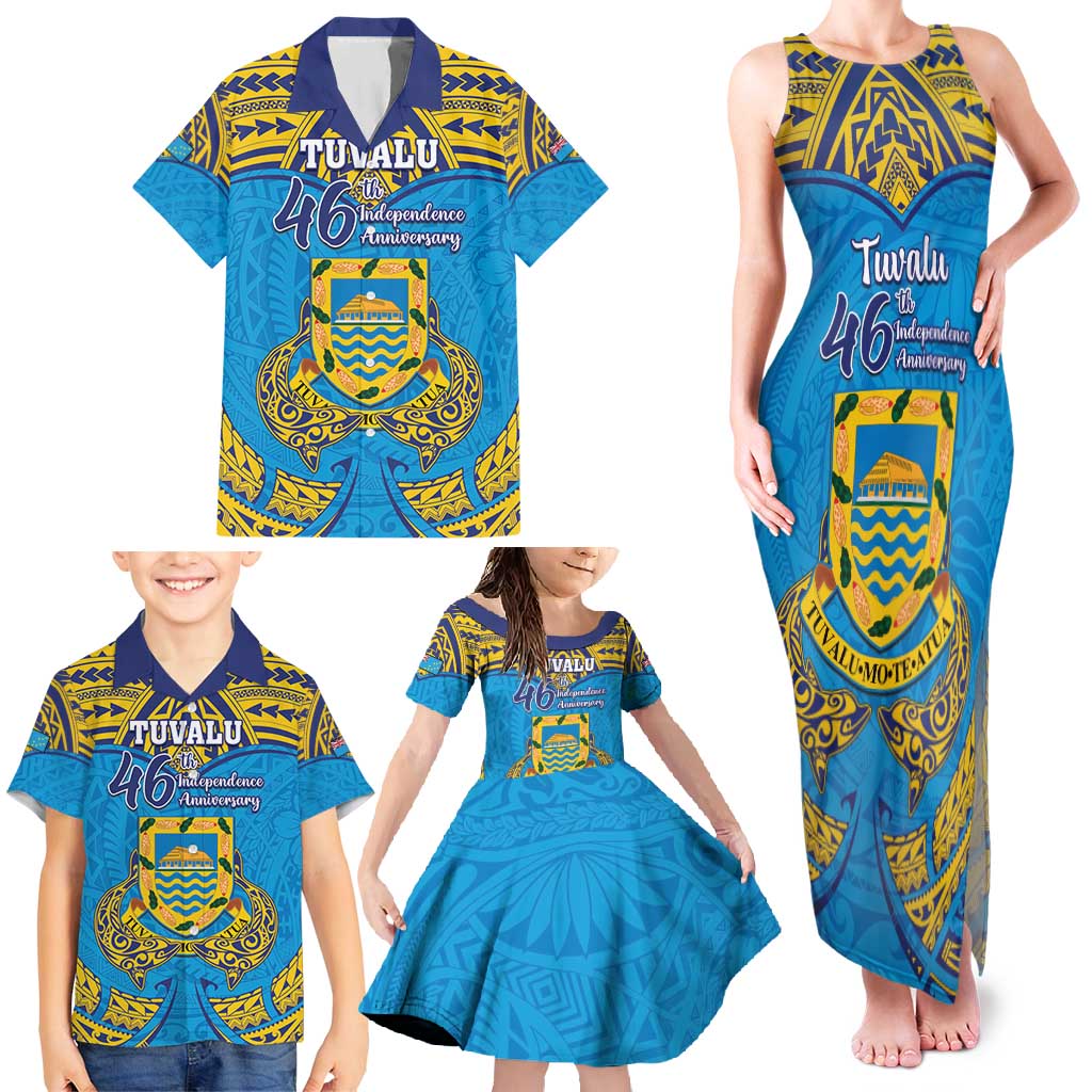 Personalised Tuvalu Independence Day Family Matching Tank Maxi Dress and Hawaiian Shirt Coat Of Arms With Polynesian Dolphin Tattoo LT05 - Polynesian Pride