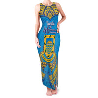 Personalised Tuvalu Independence Day Family Matching Tank Maxi Dress and Hawaiian Shirt Coat Of Arms With Polynesian Dolphin Tattoo LT05 Mom's Dress Blue - Polynesian Pride