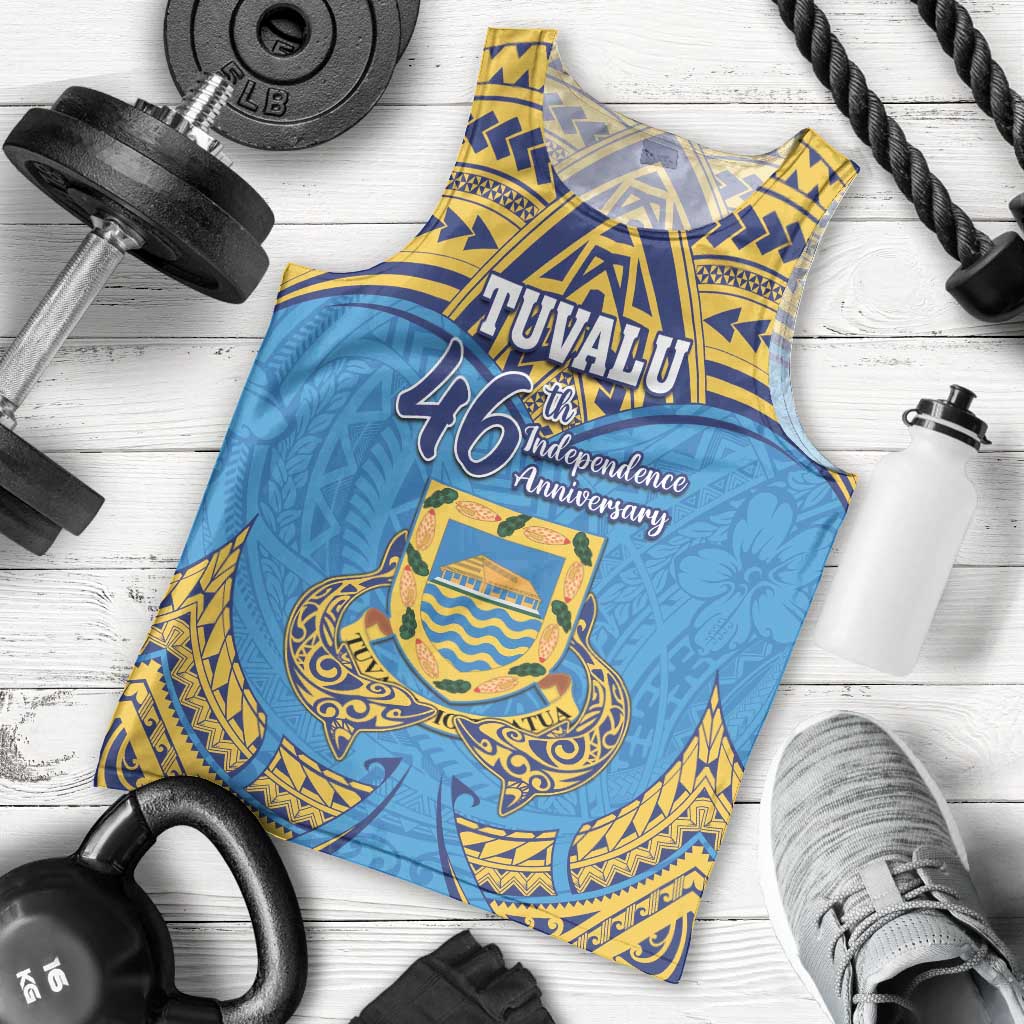 Personalised Tuvalu Independence Day Men Tank Top Coat Of Arms With Polynesian Dolphin Tattoo