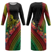 Retro Hawaiian Singer Couples Matching Long Sleeve Bodycon Dress and Hawaiian Shirt Polynesian Style Tropical Flowers LT05 - Polynesian Pride