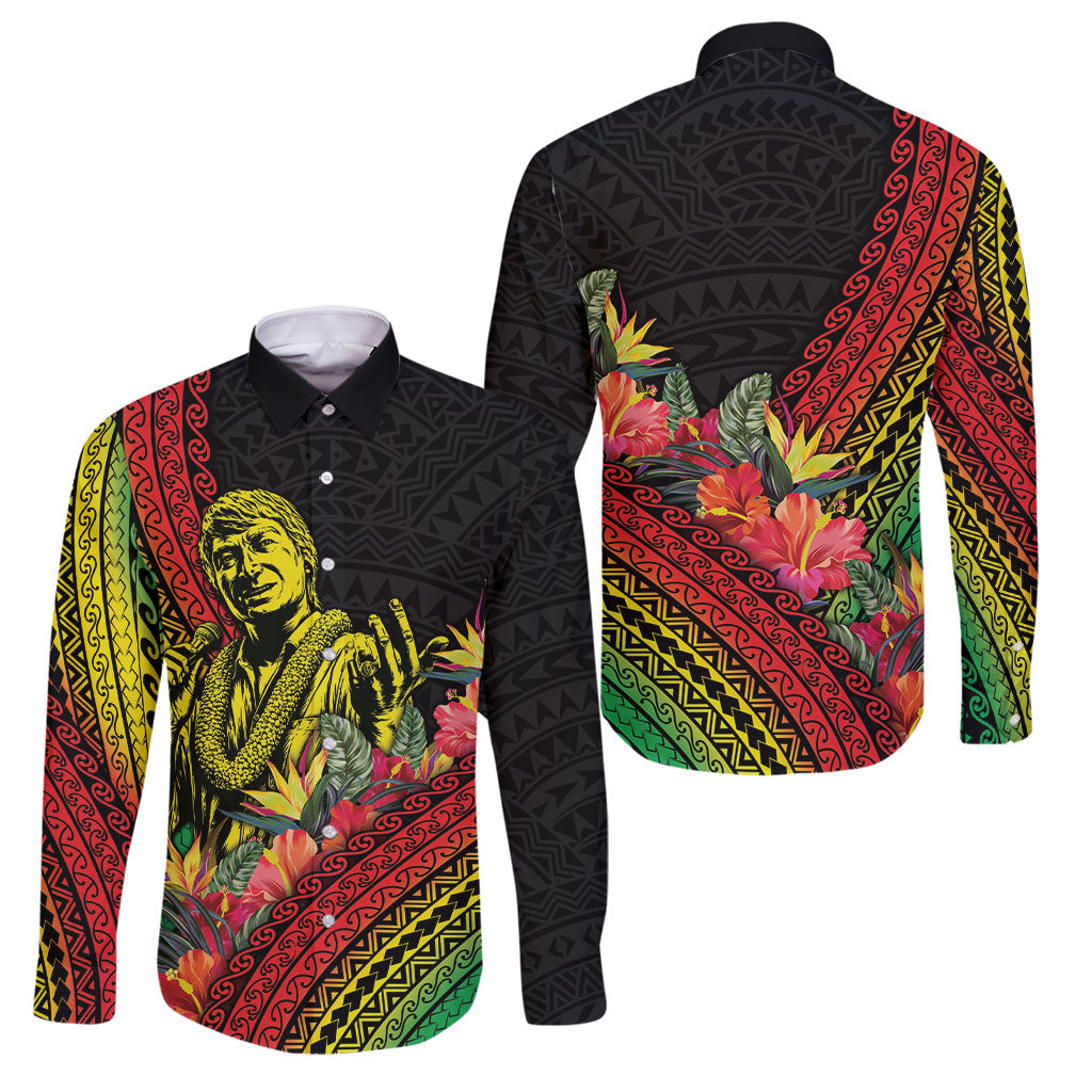 Retro Hawaiian Singer Family Matching Summer Maxi Dress and Hawaiian Shirt Polynesian Style Tropical Flowers LT05 Dad's Shirt - Long Sleeve Black - Polynesian Pride