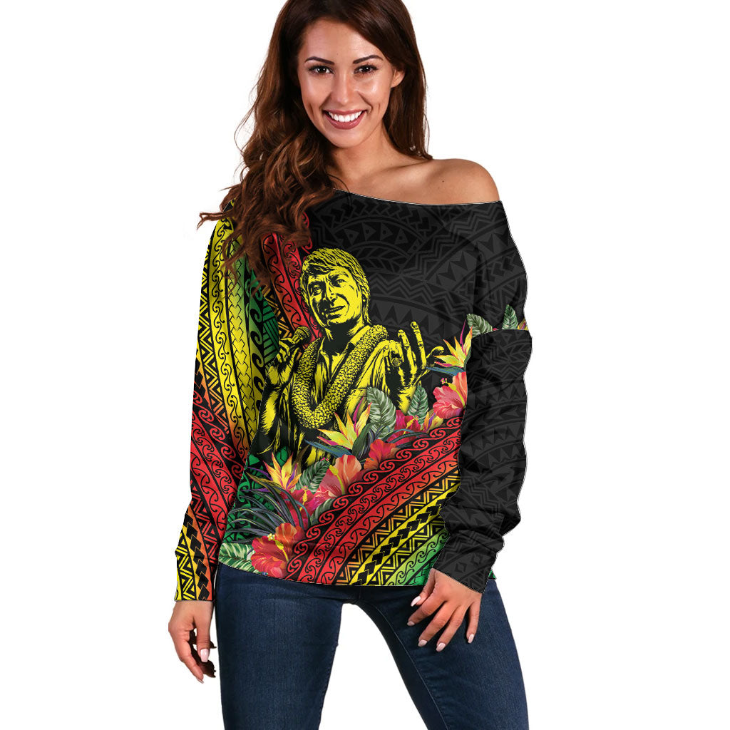 Retro Hawaiian Singer Off Shoulder Sweater Polynesian Style Tropical Flowers