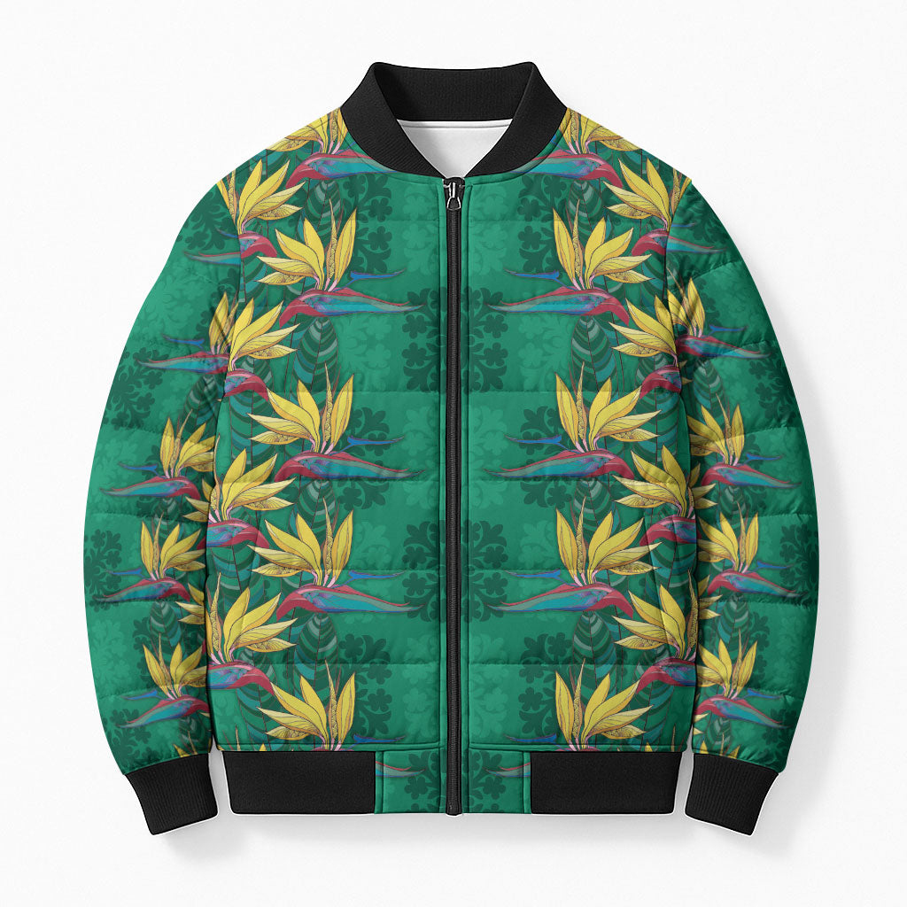 Hawaii Waikiki King Bomber Puffer Jacket Green Quilt With Pua Manu LT05 Unisex Green - Polynesian Pride