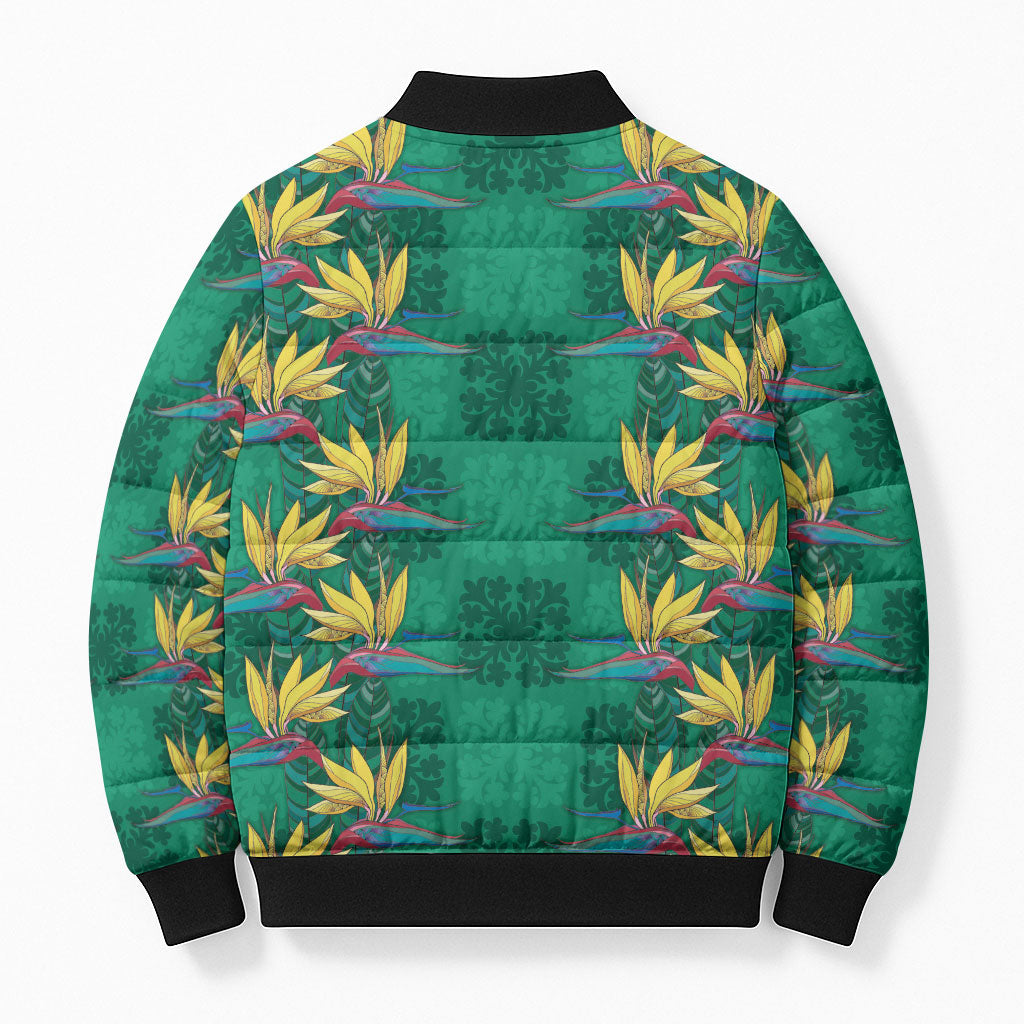 Hawaii Waikiki King Bomber Puffer Jacket Green Quilt With Pua Manu LT05 - Polynesian Pride