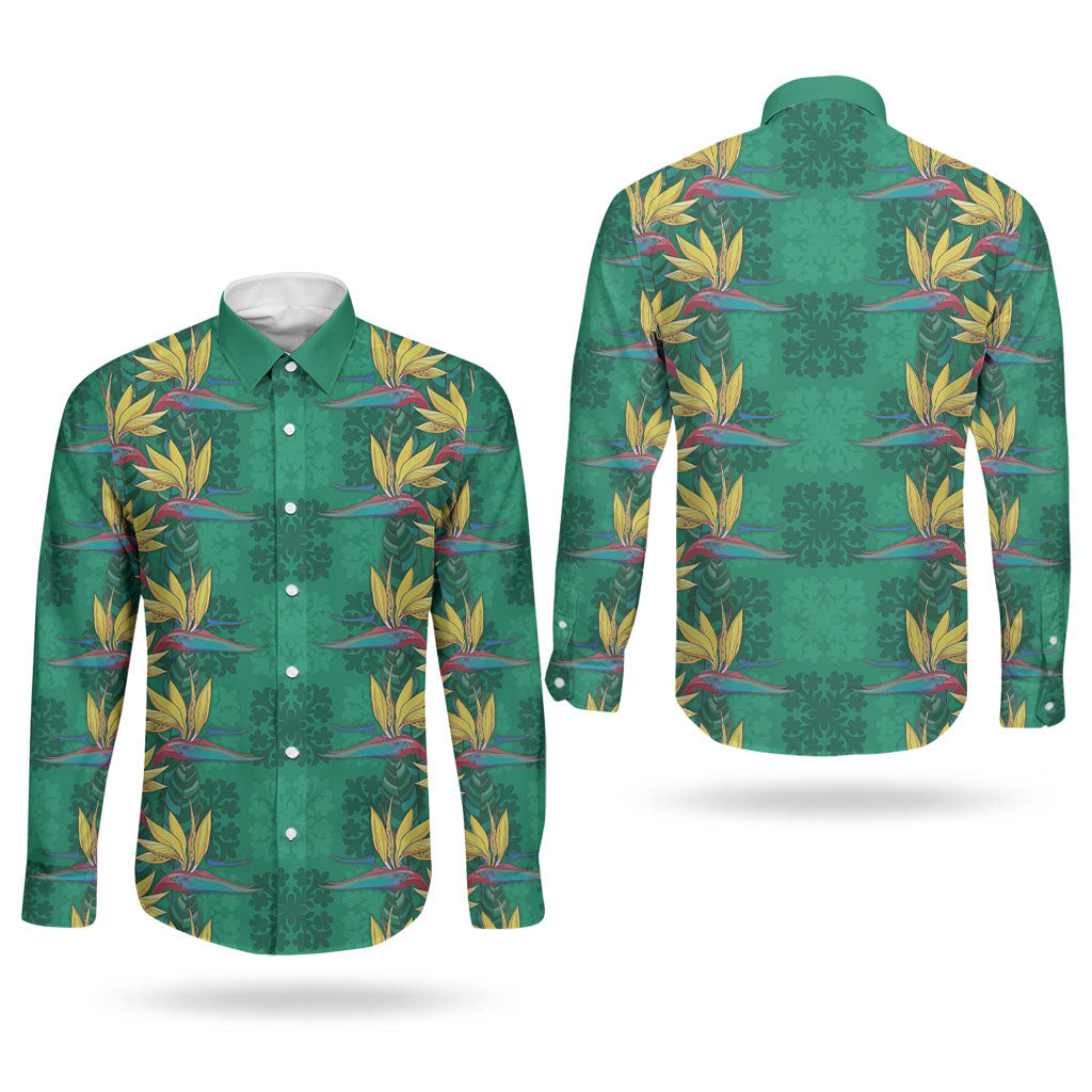 Hawaii Waikiki King Couples Matching Summer Maxi Dress and Long Sleeve Button Shirt Green Quilt With Pua Manu LT05 - Polynesian Pride