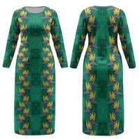 Hawaii Waikiki King Family Matching Long Sleeve Bodycon Dress and Hawaiian Shirt Green Quilt With Pua Manu LT05 Mom's Dress Green - Polynesian Pride