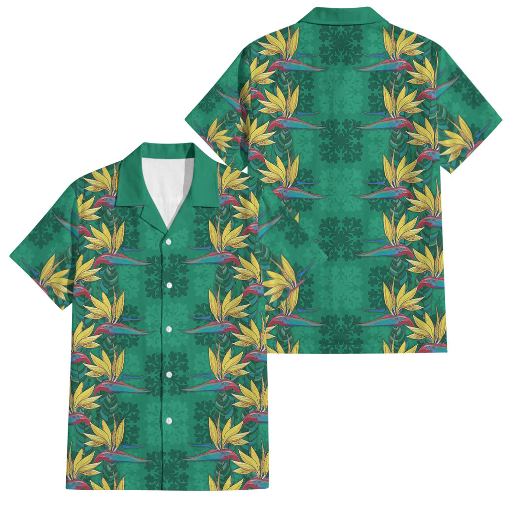 Hawaii Waikiki King Family Matching Off Shoulder Maxi Dress and Hawaiian Shirt Green Quilt With Pua Manu LT05 Dad's Shirt - Short Sleeve Green - Polynesian Pride