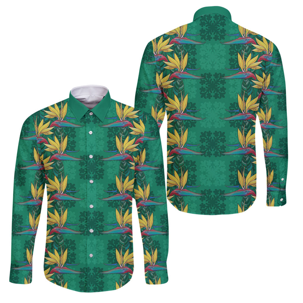 Hawaii Waikiki King Family Matching Summer Maxi Dress and Hawaiian Shirt Green Quilt With Pua Manu LT05 Dad's Shirt - Long Sleeve Green - Polynesian Pride