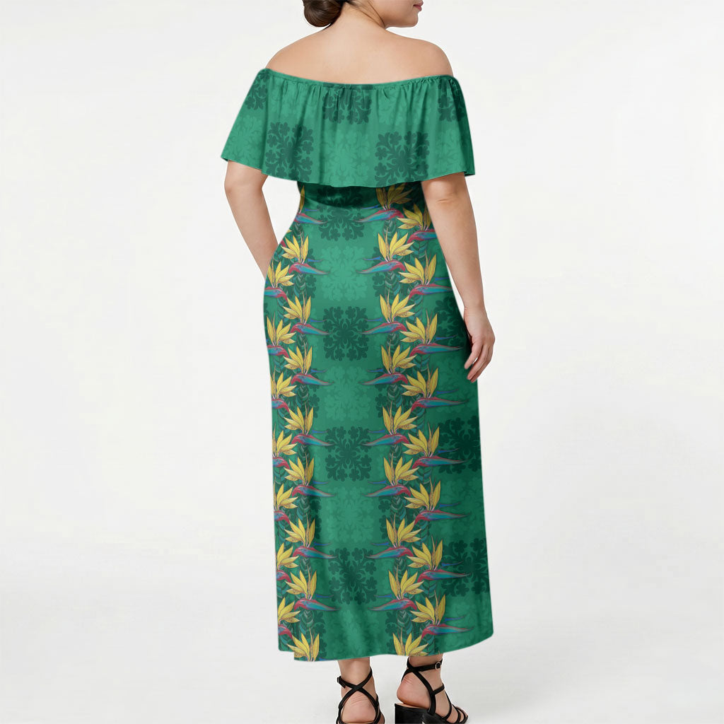 Hawaii Waikiki King Off Shoulder Maxi Dress Green Quilt With Pua Manu LT05 - Polynesian Pride